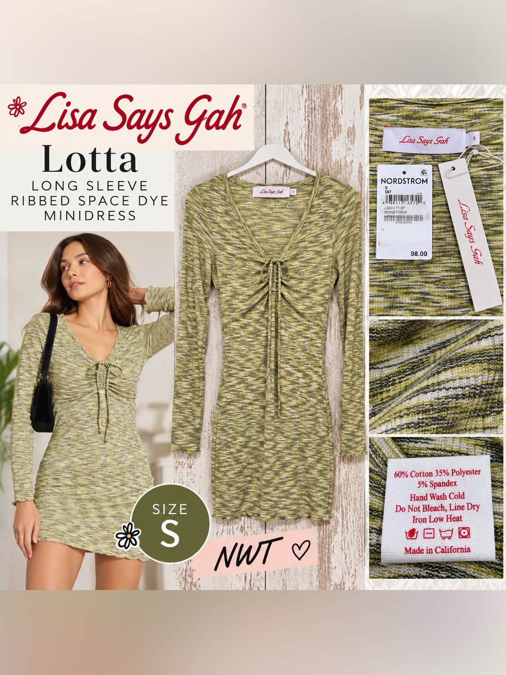 Lisa Says Gah Lotta Long Sleeve Ribbed Space Dye Mini Dress Women’s Size S NWT